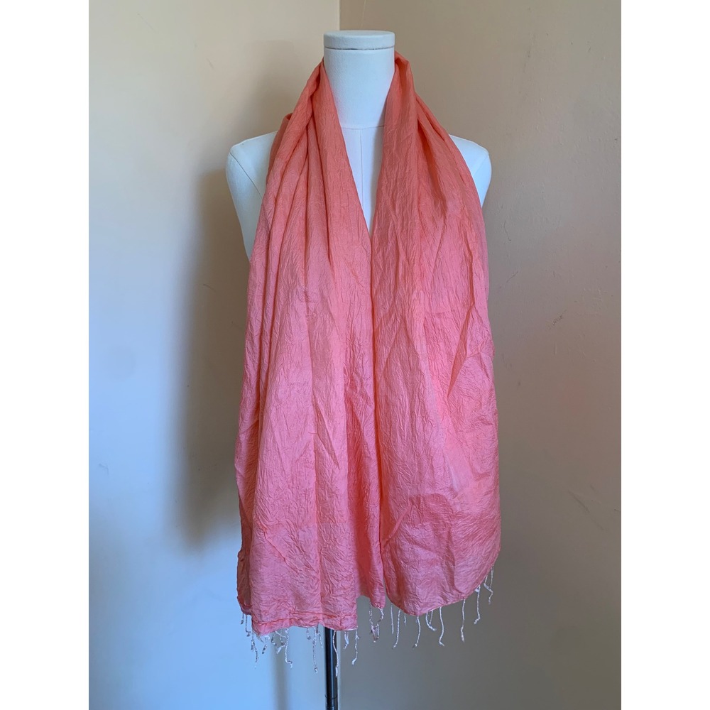 Peach Pink Crinkle Silk Fringe Wrap Scarf Lightweight Summer Shawl 60x31"